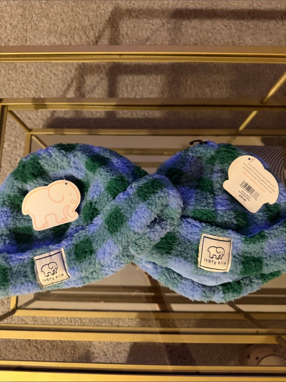 NWT 2 ella Plush Checkered Blue & Green Kids sherpa beanie